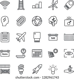Thin Line Icon Set - plane vector, bomb in case, brainstorm, ladder, tree, cargo container, clipboard, heavy scales, network, calendar, paper clip, bar graph, sun panel, rooms, sold signboard, idea