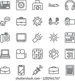 Thin Line Icon Set - plane vector, case, sun, syringe, term, route, camera, tv, video, cell phone, headphones, mobile, settings, calendar, torch, notebook pc, fireplace, chip, home message