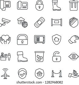 Thin Line Icon Set - plane radar vector, fence, passport control, trash bin, safe, lock, glove, boot, patch, heart hand, shield, eye id, estate insurance, intercome, home protect, surveillance
