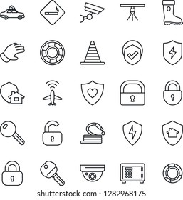 Thin Line Icon Set - plane radar vector, smoking place, alarm car, border cone, safe, lock, glove, boot, hose, heart shield, protect, key, home, surveillance, sprinkler, crisis management