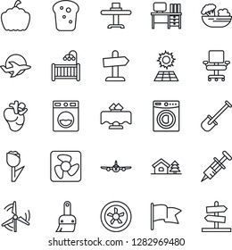 Thin Line Icon Set - plane vector, desk, shovel, pumpkin, syringe, real heart, tulip, themes, office chair, house with tree, sun panel, windmill, children room, washer, restaurant table, salad, fan