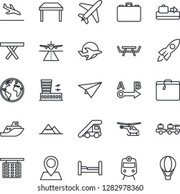 Thin Line Icon Set - plane vector, runway, arrival, suitcase, baggage conveyor, train, larry, ladder car, helicopter, flight table, airport building, case, picnic, earth, pin, sea shipping, route