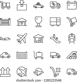 Thin Line Icon Set - plane vector, baggage trolley, train, escalator, alarm car, ladder, cargo container, delivery, consolidated, fragile, up side sign, no, warehouse, package, moving, battery