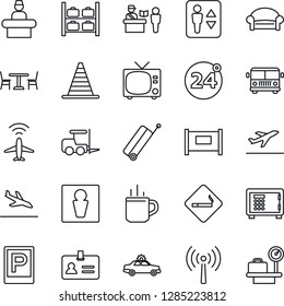 Thin Line Icon Set - plane radar vector, antenna, fence, suitcase, departure, arrival, airport bus, parking, hot cup, cafe, 24 around, passport control, elevator, smoking place, male, tv, alarm car