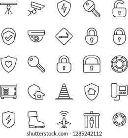 Thin Line Icon Set - plane radar vector, security gate, smoking place, border cone, safe, lock, boot, heart shield, protect, key, intercome, home, surveillance, sprinkler, crisis management