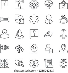 Thin Line Icon Set - plane radar vector, bomb in case, bed, wind, contract, water drop, pond, heart diagnostic, ambulance star, patient, route, important flag, antenna, application, root setup