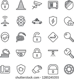 Thin Line Icon Set - plane radar vector, smoking place, alarm car, border cone, safe, lock, glove, hose, traffic light, shield, protect, key, intercome, home, surveillance, sprinkler