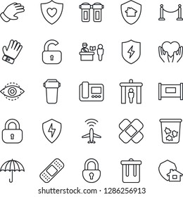 Thin Line Icon Set - plane radar vector, fence, passport control, security gate, trash bin, glove, patch, heart shield, hand, umbrella, protect, lock, eye id, intercome, water filter, home