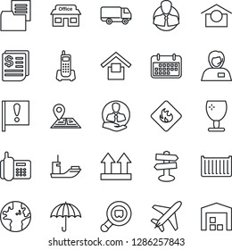 Thin Line Icon Set - plane vector, signpost, navigation, earth, important flag, store, office phone, support, client, sea shipping, cargo container, car delivery, term, receipt, folder document