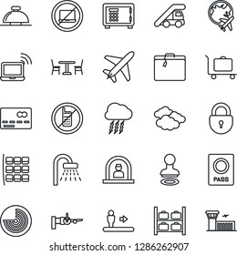 Thin Line Icon Set - plane vector, suitcase, baggage trolley, cafe, escalator, no mobile, laptop, credit card, wireless notebook, reception bell, passport, stamp, shower, ladder car, clouds, radar