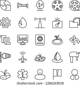 Thin Line Icon Set - plane radar vector, bomb in case, passport, bed, wind, contract, statistic monitor, water drop, pond, ambulance star, patient, route, important flag, folder document, reel