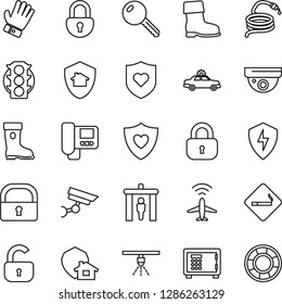 Thin Line Icon Set - plane radar vector, security gate, smoking place, alarm car, safe, glove, boot, hose, heart shield, traffic light, protect, lock, key, intercome, home, surveillance, sprinkler