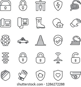 Thin Line Icon Set - plane radar vector, security gate, alarm car, border cone, lock, glove, boot, hose, heart shield, traffic light, protect, intercome, home, surveillance