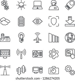 Thin Line Icon Set - plane radar vector, antenna, camera, clouds, notebook pc, bulb, monitor pulse, support, sorting, network, battery, settings, data exchange, download, face id, eye, office phone