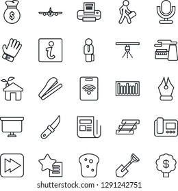 Thin Line Icon Set - plane vector, presentation board, factory, shovel, glove, garden knife, barcode, news, microphone, favorites list, fast forward, ink pen, printer, paper tray, manager, stapler