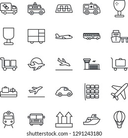 Thin Line Icon Set - plane vector, taxi, departure, arrival, baggage conveyor, trolley, airport bus, train, seat map, building, ambulance car, sea shipping, delivery, port, consolidated cargo