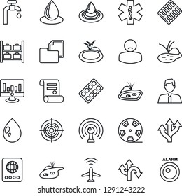 Thin Line Icon Set - plane radar vector, passport, luggage storage, statistic monitor, contract, water drop, pond, pills blister, ambulance star, patient, route, folder document, reel, antenna