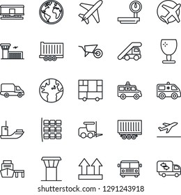 Thin Line Icon Set - plane vector, airport tower, departure, bus, fork loader, ladder car, seat map, building, wheelbarrow, ambulance, earth, sea shipping, truck trailer, delivery, port, fragile