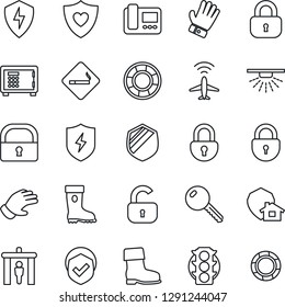 Thin Line Icon Set - plane radar vector, security gate, smoking place, safe, lock, glove, boot, heart shield, traffic light, protect, key, intercome, home, sprinkler, crisis management