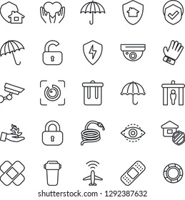 Thin Line Icon Set - plane radar vector, security gate, umbrella, trash bin, glove, hose, patch, heart hand, shield, protect, eye id, lock, estate insurance, water filter, home, surveillance