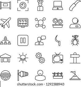 Thin Line Icon Set - plane vector, fence, wind, notebook pc, seedling, sickle, garden knife, monitor pulse, patient, virus, molecule, signpost, warehouse, speaker, pause button, support, hierarchy