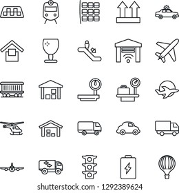 Thin Line Icon Set - plane vector, taxi, train, escalator, alarm car, helicopter, seat map, luggage scales, railroad, traffic light, delivery, fragile, warehouse storage, up side sign, heavy, moving