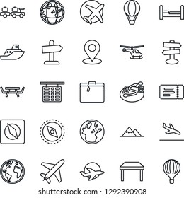 Thin Line Icon Set - plane vector, arrival, suitcase, ticket, baggage larry, helicopter, flight table, picnic, signpost, earth, sea shipping, route, place tag, compass, mountains, bedroom, guidepost