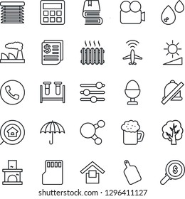 Thin Line Icon Set - plane radar vector, phone, factory, tree, fireplace, blood test vial, receipt, umbrella, warehouse storage, video camera, share, tuning, calculator, sd, mute, brightness, book