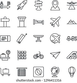 Thin Line Icon Set - plane vector, airport tower, runway, suitcase, baggage trolley, ticket, globe, bed, larry, ladder car, seat map, flight table, luggage scales, bike, signpost, pin, route, rocket