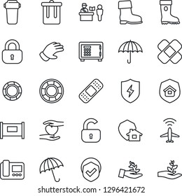 Thin Line Icon Set - plane radar vector, fence, passport control, umbrella, trash bin, safe, glove, boot, patch, heart hand, shield, protect, lock, estate insurance, intercome, water filter, home