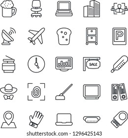 Thin Line Icon Set - plane vector, parking, office chair, binder, glove, hoe, thermometer, pin, satellite antenna, tv, clock, monitor statistics, building, hr, notebook pc, archive box, copier, sale