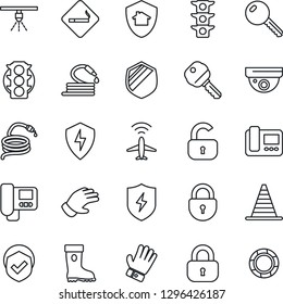 Thin Line Icon Set - plane radar vector, smoking place, border cone, lock, glove, boot, hose, traffic light, shield, protect, key, intercome, home, surveillance, sprinkler, crisis management