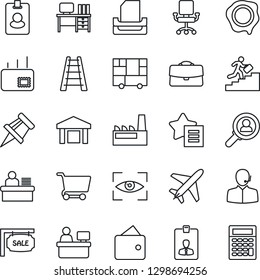 Thin Line Icon Set - plane vector, identity card, desk, manager place, stamp, ladder, consolidated cargo, warehouse, favorites list, case, drawing pin, support, paper tray, career, mail, sale, pass