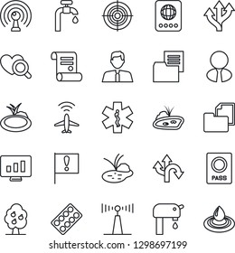 Thin Line Icon Set - plane radar vector, passport, statistic monitor, contract, pond, heart diagnostic, pills blister, ambulance star, route, important flag, folder document, antenna, target
