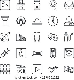 Thin Line Icon Set - plane vector, airport tower, bed, pruner, fireplace, garden sprayer, syringe, pills bottle, heart hand, tooth, radio, remote control, chain, play button, menu, mobile camera