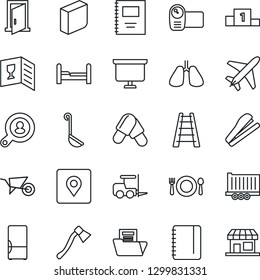 Thin Line Icon Set - plane vector, fork loader, notepad, presentation board, ladder, wheelbarrow, axe, pills, lungs, truck trailer, video camera, place tag, copybook, document folder, blank box