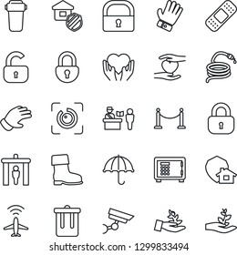 Thin Line Icon Set - plane radar vector, fence, passport control, security gate, trash bin, safe, glove, boot, hose, patch, heart hand, umbrella, lock, eye id, estate insurance, water filter