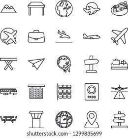 Thin Line Icon Set - plane vector, airport tower, runway, arrival, baggage conveyor, bus, passport, seat map, flight table, globe, case, picnic, navigation, route, mountains, earth, paper, guidepost