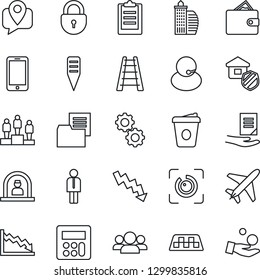 Thin Line Icon Set - plane vector, taxi, reception, lock, manager, mobile phone, pedestal, crisis graph, coffee, document, ladder, plant label, support, tracking, folder, calculator, eye id, gear