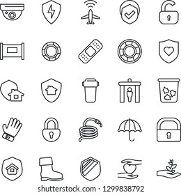 Thin Line Icon Set - plane radar vector, fence, security gate, trash bin, glove, boot, hose, patch, heart shield, hand, umbrella, protect, lock, estate insurance, water filter, home, surveillance