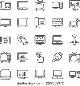 Thin Line Icon Set - plane radar vector, wireless notebook, pc, statistic monitor, pulse, tv, touch screen, laptop, hdmi, statistics, intercome