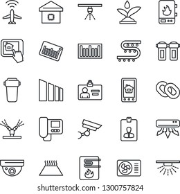 Thin Line Icon Set - plane radar vector, identity card, drip irrigation, sorting, barcode, chain, air conditioner, smart home, water heater, intercome, control app, filter, warm floor, surveillance