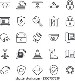 Thin Line Icon Set - plane radar vector, security gate, smoking place, alarm car, border cone, safe, glove, boot, hose, shield, protect, lock, key, intercome, home, surveillance, sprinkler