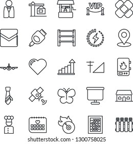 Thin Line Icon Set - plane vector, growth statistic, abacus, butterfly, well, heart, patch, medical calendar, rack, flame disk, satellite, hdmi, mail, place tag, cellular signal, charge, tie, crane