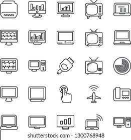 Thin Line Icon Set - plane radar vector, wireless notebook, pc, statistic monitor, pulse, tv, touch screen, laptop, hdmi, statistics, intercome