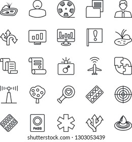 Thin Line Icon Set - plane radar vector, bomb in case, passport, contract, statistic monitor, pond, heart diagnostic, pills blister, ambulance star, patient, route, important flag, folder document