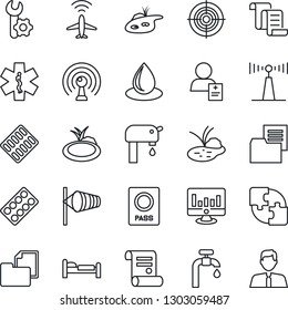 Thin Line Icon Set - plane radar vector, passport, bed, wind, contract, statistic monitor, water drop, pond, pills blister, ambulance star, patient, folder document, antenna, application, root setup