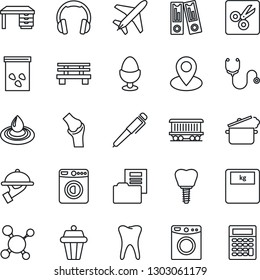 Thin Line Icon Set - plane vector, washer, office binder, desk, bench, seeds, molecule, stethoscope, scales, tooth, implant, joint, pin, railroad, headphones, cut, document folder, pen, waiter