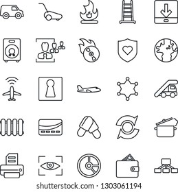 Thin Line Icon Set - plane radar vector, female, ladder car, circle chart, printer, lawn mower, fire, pills, heart shield, earth, flame disk, speaker, download, update, hr, credit card, steaming pan