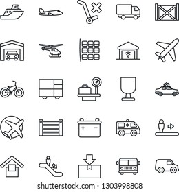 Thin Line Icon Set - plane vector, airport bus, escalator, alarm car, helicopter, seat map, luggage scales, ambulance, bike, sea shipping, delivery, container, consolidated cargo, fragile, package